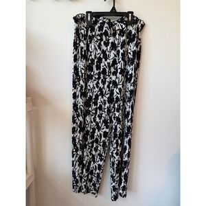 Joie Womens XL Black White Floral Pleated Wide Leg Pants Elastic Waist Ruffle